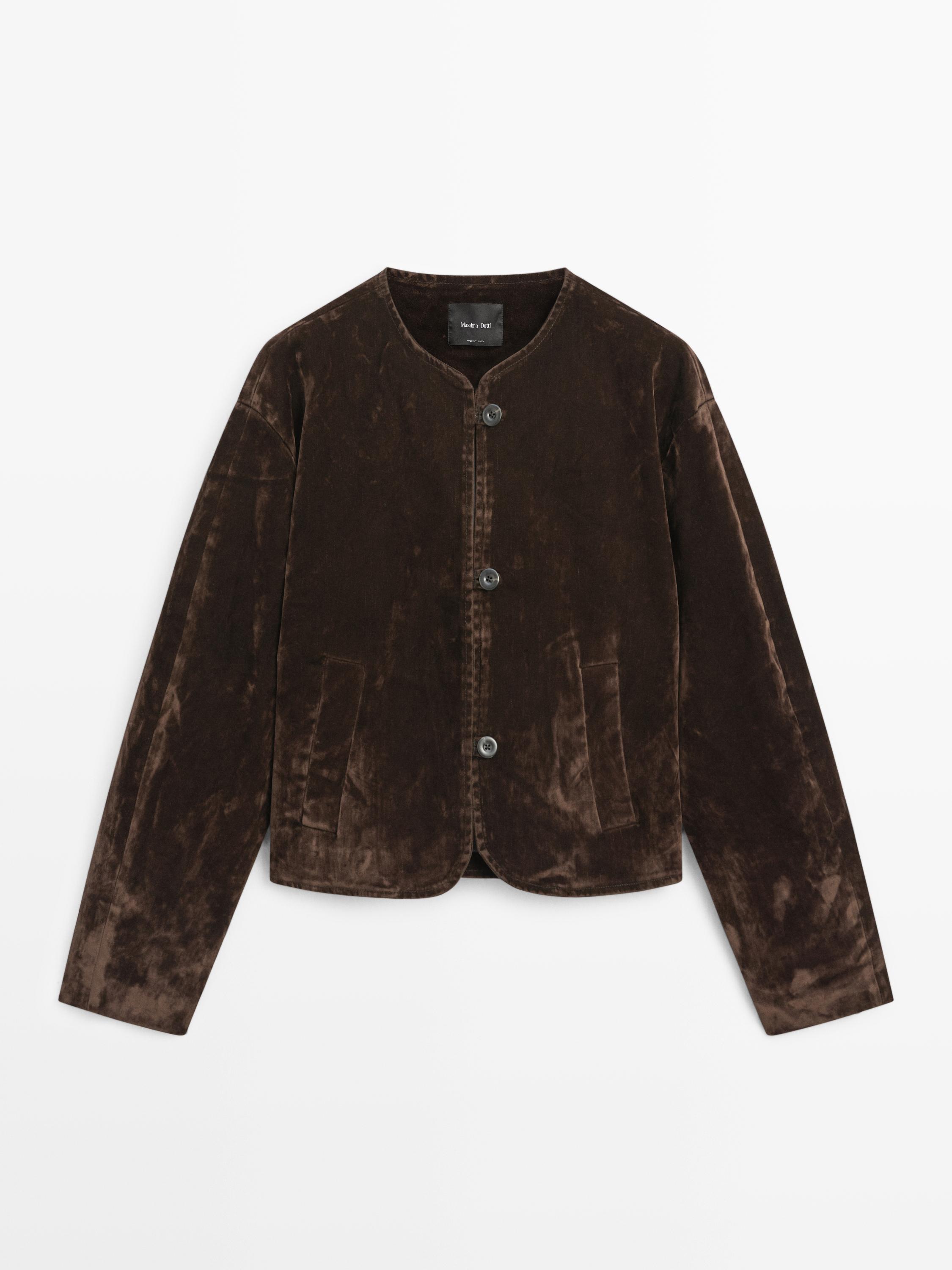 Short denim jacket with flocked finish